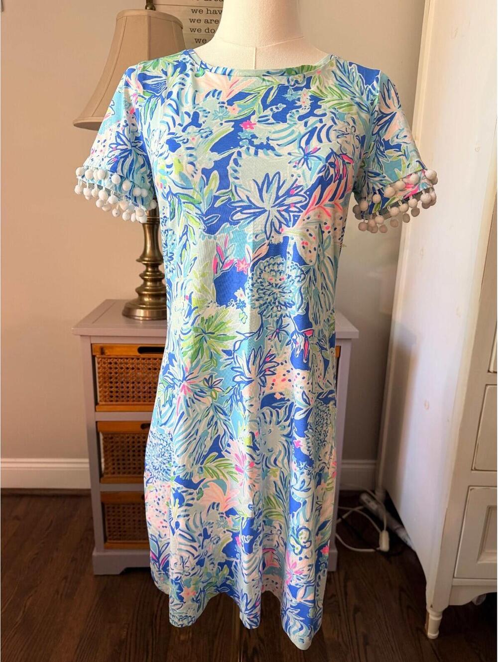 Lilly Pulitzer Lissie Dress "Coastal Blue Lion Around" with Pom-Pom Trim XS